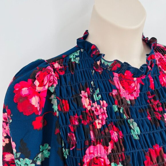 London Times Floral Smocked Bodice A-Line Midi Dress Size 6 Navy Floral - Picture 5 of 13